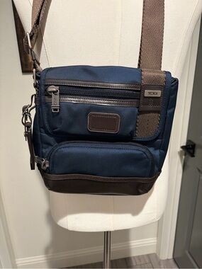 Tumi Navy and Brown Canvas and Leather Crossbody Messenger Bag